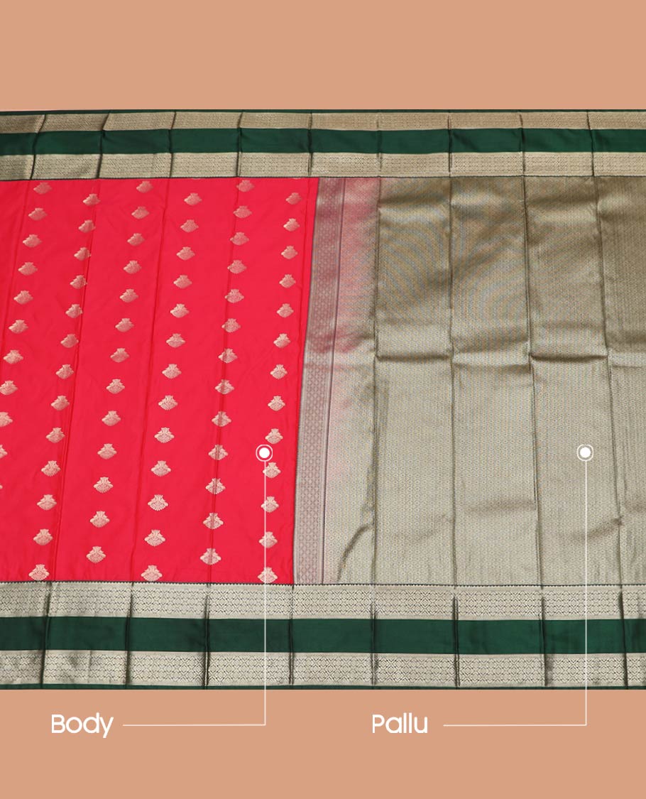 Red Budget Silk Saree Decorated with Peacock Zari Buttas, Highlighted with a Contrast Traditional Zari Design Rettai Pettu Border, Featuring a Sparsely Textured Pallu, and Paired with a Contrast Blouse - Image 3