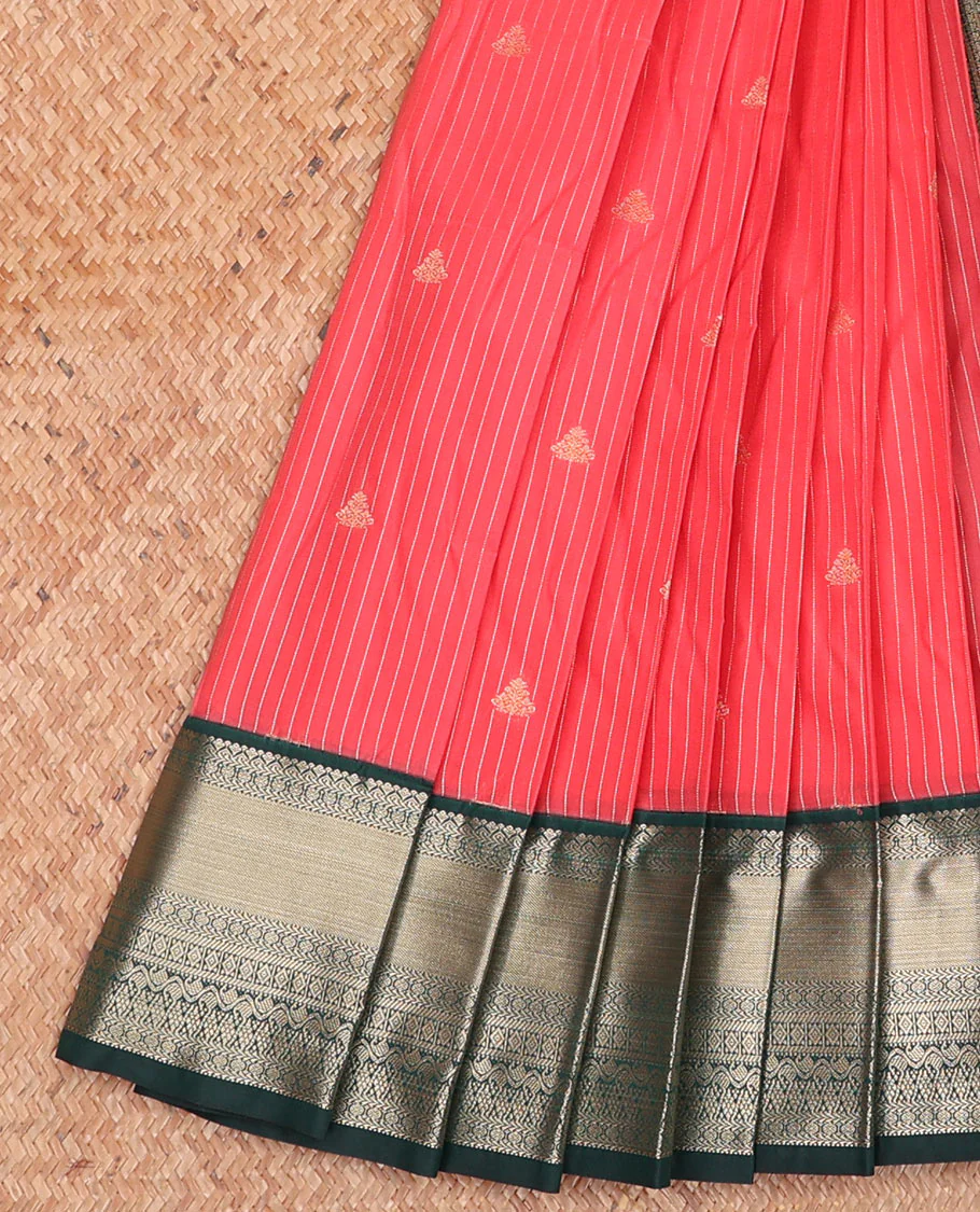 Red Budget Silk Saree Subtly Sparked with Zari Buttas and Stripes, Complemented by a Contrast Traditional Zari Design Border, Elegantly Designed Pallu of Jaal Designs, and Paired with a Contrast Blouse