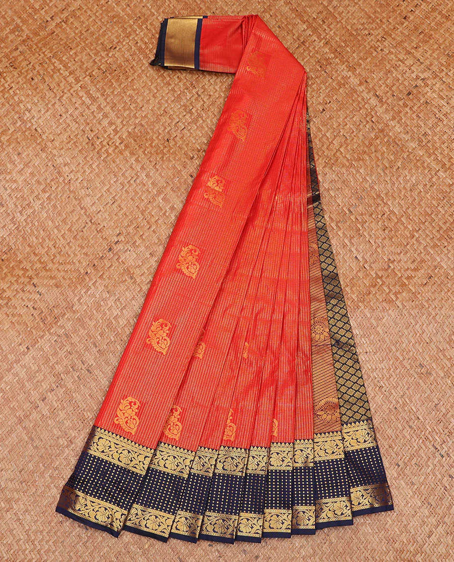 Red Budget Silk Saree Woven with Zari Buttas and Zari Micro-Checks, Complemented with a Contrast Traditional Zari Design Border, Zari -Rich Jaal Pallu, and Paired with a Contrast Blouse - Image 3