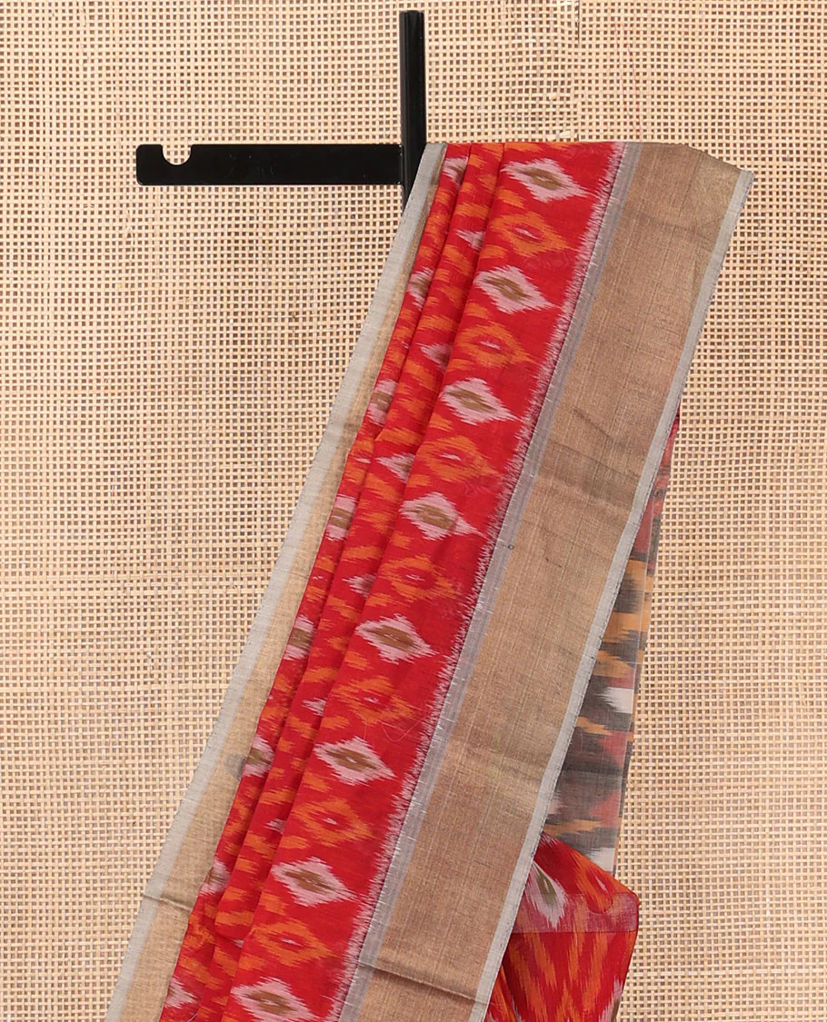 Red buttas and diamond patterned silk cotton saree, contrast bavanji border, and pallu of ikkat floral design - Image 3