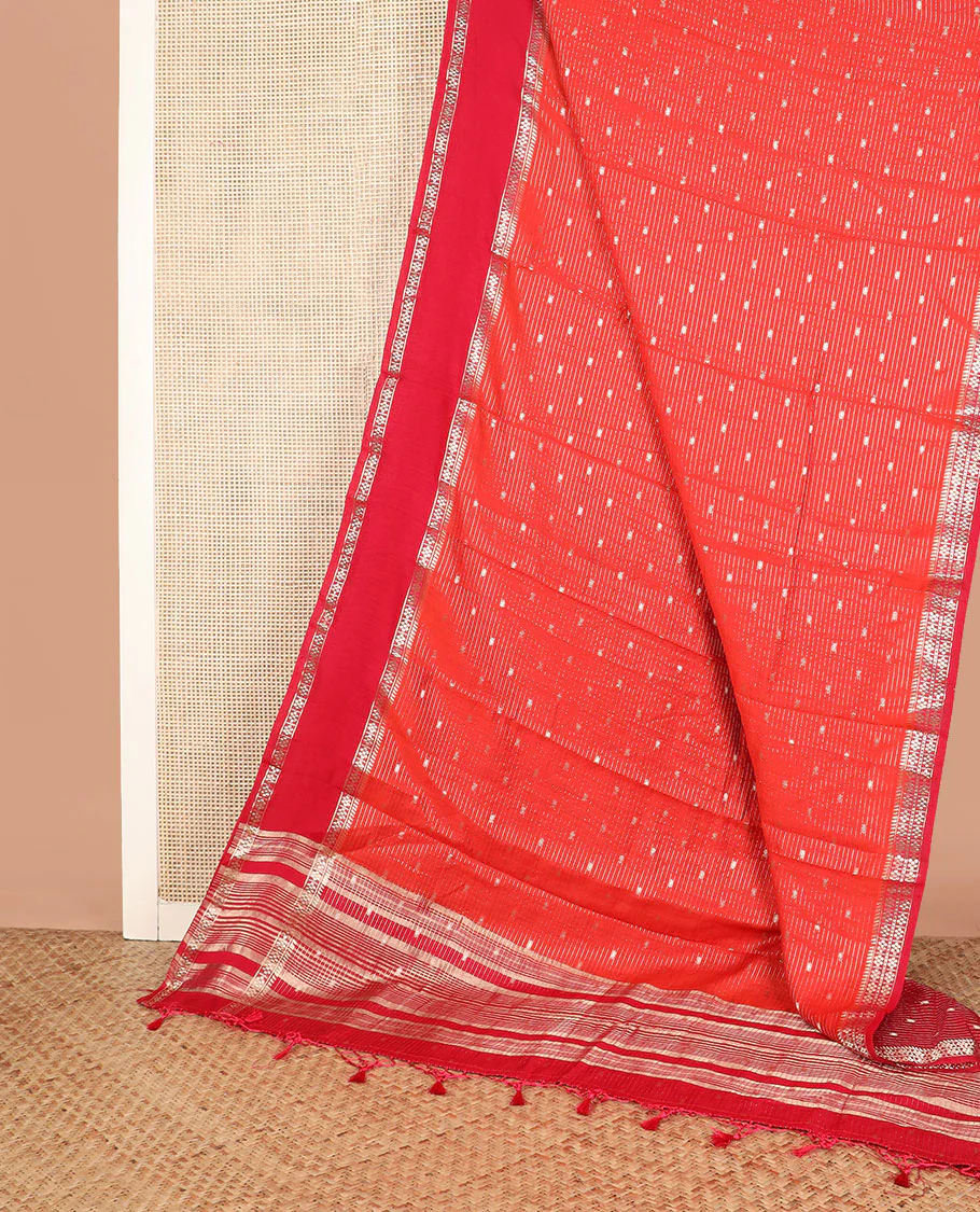 Red buttas and striped assam silk saree, contrast traditional zari border, and pallu of zari stripes - Image 2