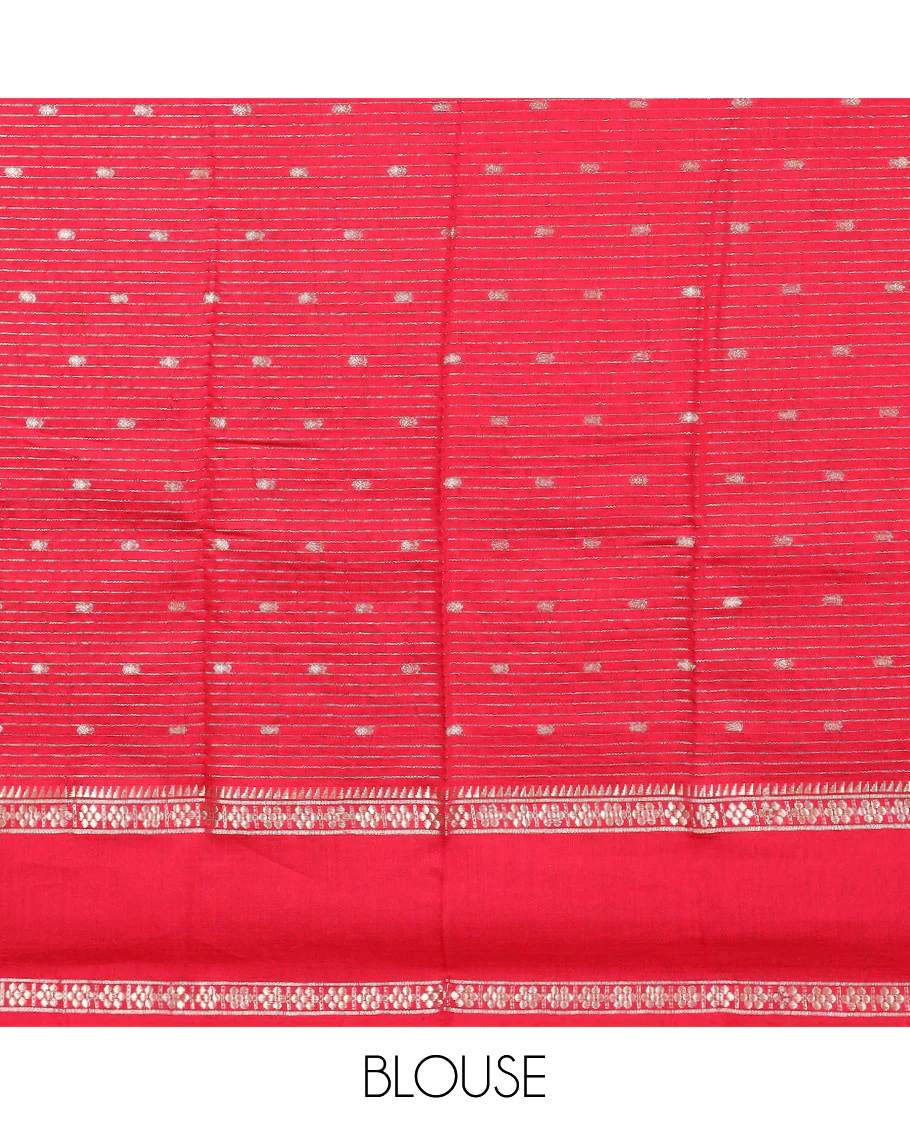 Red buttas and striped assam silk saree, contrast traditional zari border, and pallu of zari stripes - Image 3