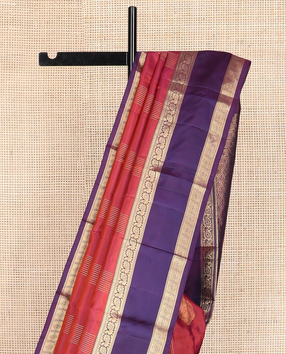 Red buttas and striped Vasundhara silk saree, contrast rettai pettu border of neli, mayil, and diamond designs, and jaal pallu - Image 3