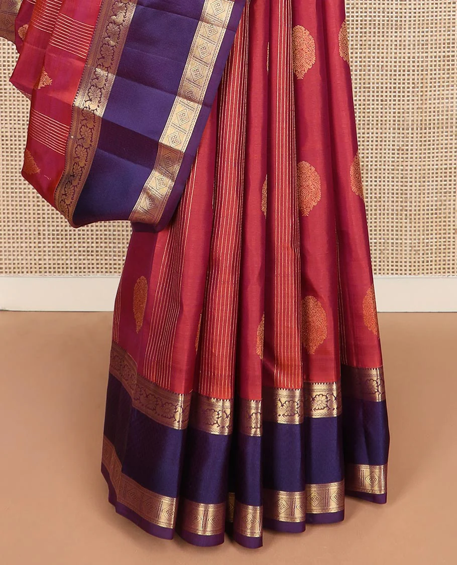 Red buttas and striped Vasundhara silk saree, contrast rettai pettu border of neli, mayil, and diamond designs, and jaal pallu - Image 4