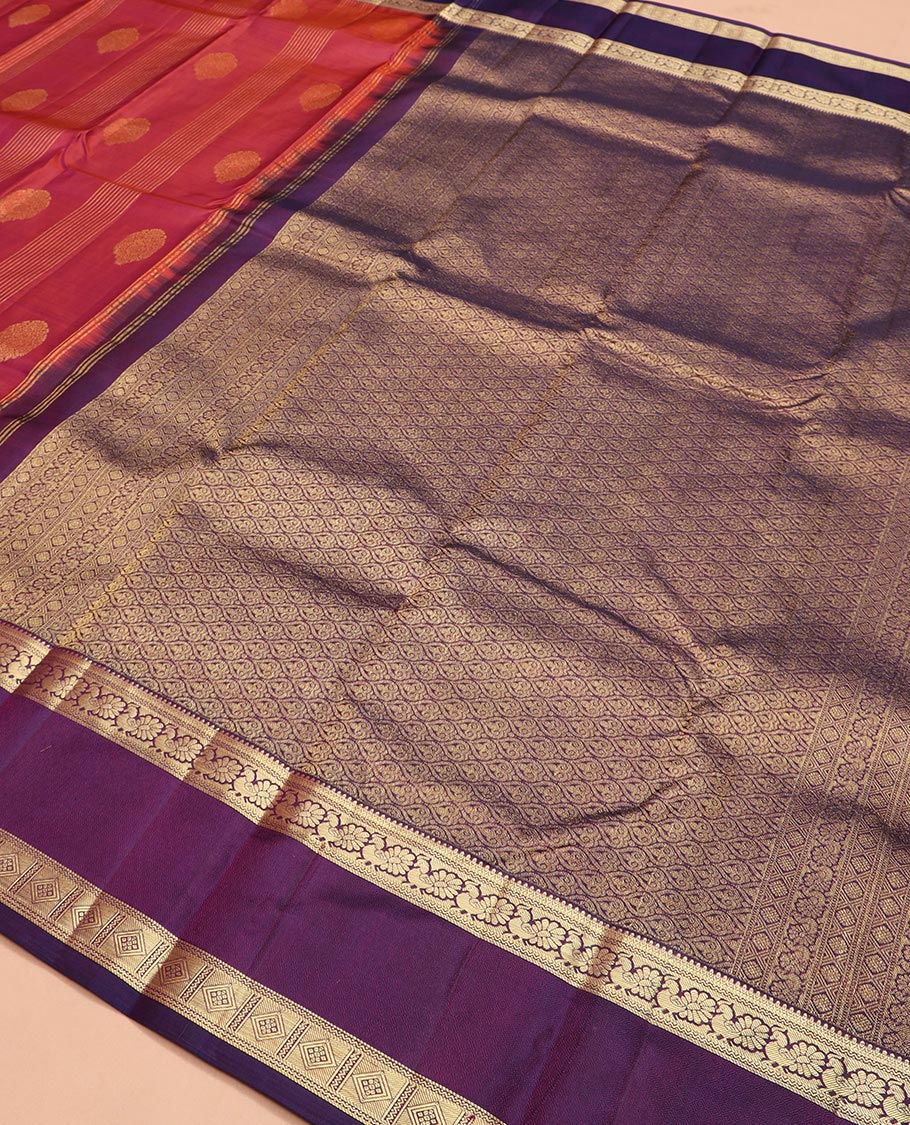 Red buttas and striped Vasundhara silk saree, contrast rettai pettu border of neli, mayil, and diamond designs, and jaal pallu - Image 5