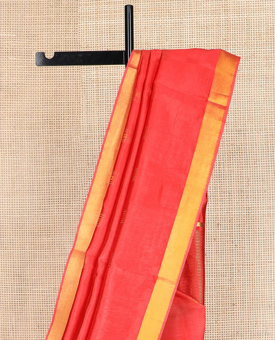 Red buttas banana pith saree, bavanji zari border, and zari striped pallu - Image 3