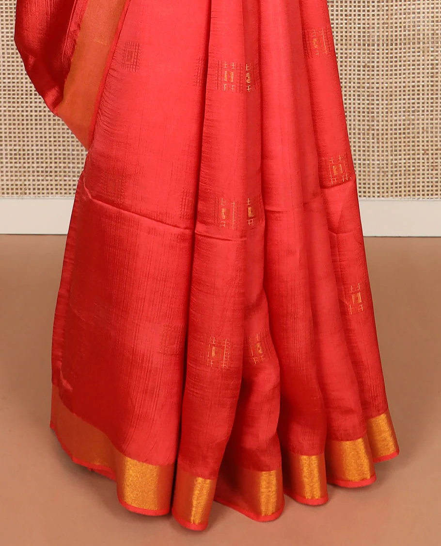 Red buttas banana pith saree, bavanji zari border, and zari striped pallu - Image 4