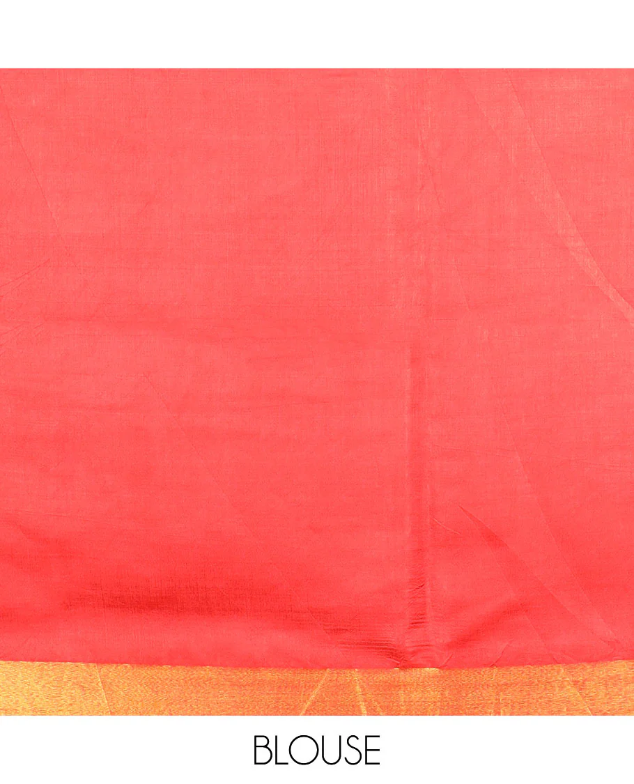 Red buttas banana pith saree, bavanji zari border, and zari striped pallu - Image 5