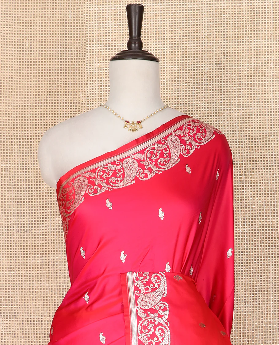 Red buttas banarasi silk saree, floral-paisley design border, and pallu of intricate designs - Image 2
