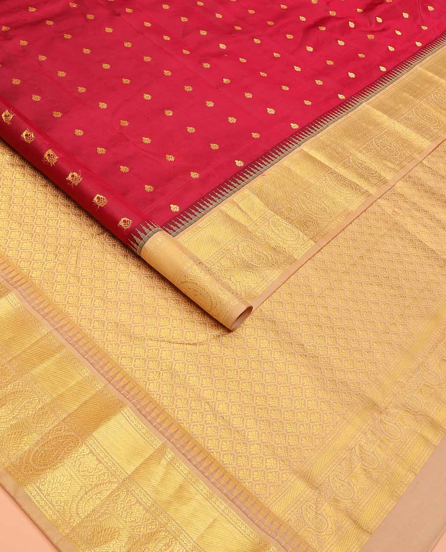 Maroon buttas Bangalore silk saree, contrast temple traditional zari border, and pallu of jaal designs - Image 2