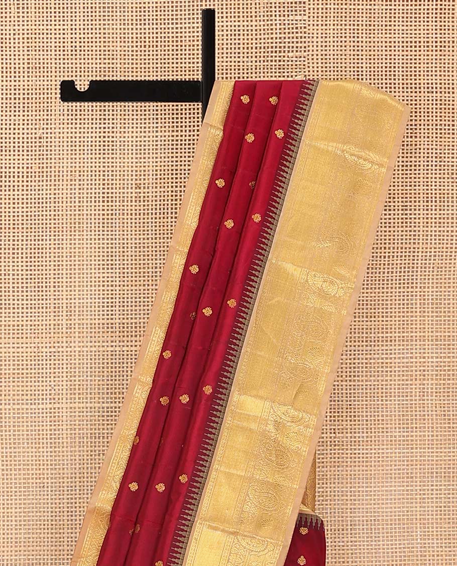 Maroon buttas Bangalore silk saree, contrast temple traditional zari border, and pallu of jaal designs - Image 3