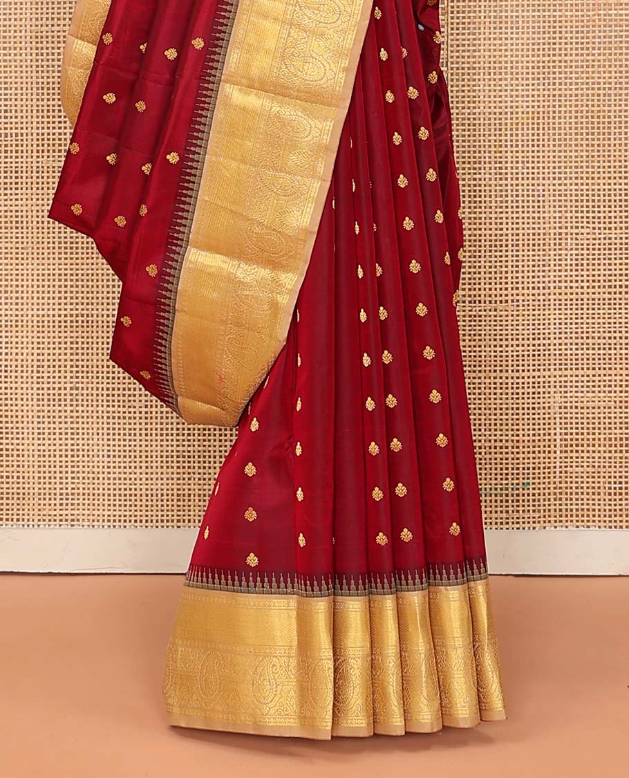 Maroon buttas Bangalore silk saree, contrast temple traditional zari border, and pallu of jaal designs - Image 4