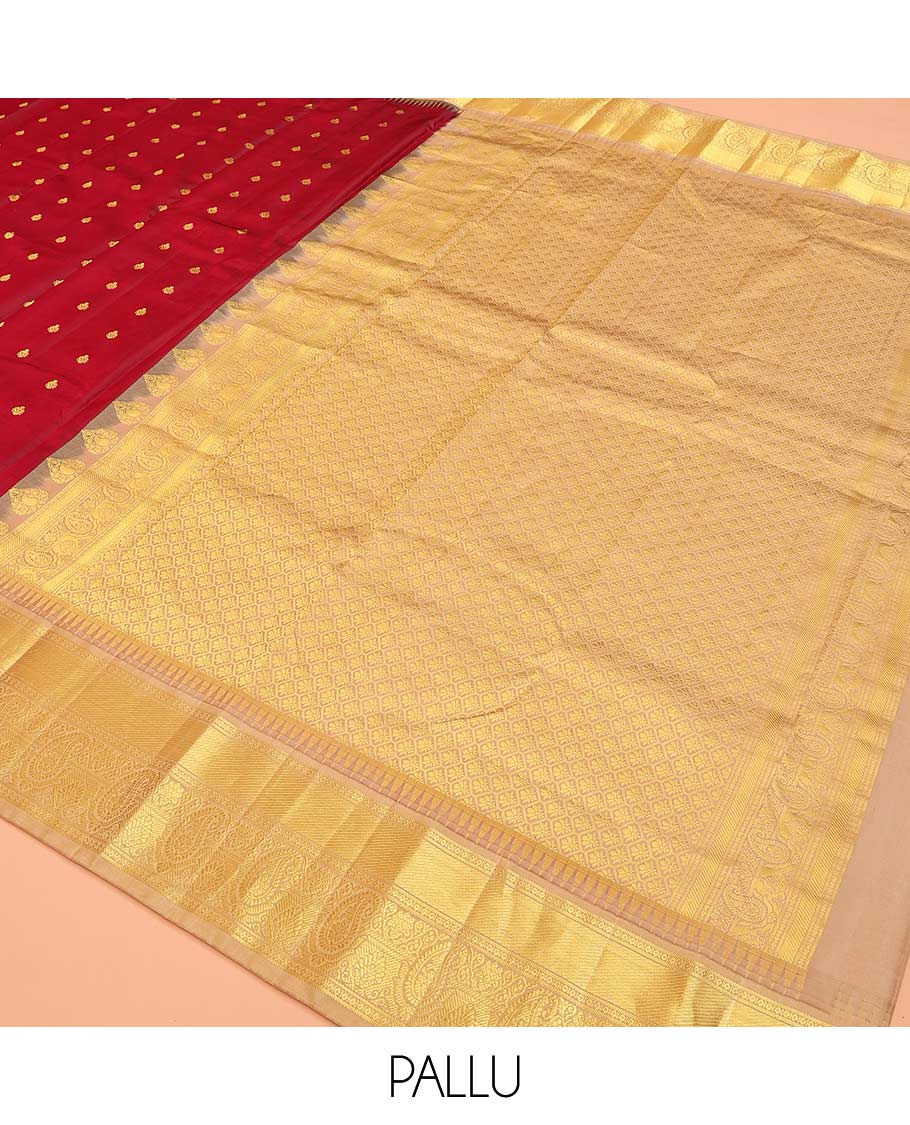 Maroon buttas Bangalore silk saree, contrast temple traditional zari border, and pallu of jaal designs - Image 5