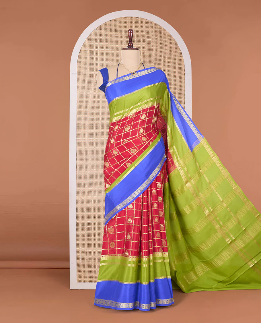 Red buttas enclosed checked Mysore silk saree, contrast colorful traditional zari border, and zari design pallu - Image 2