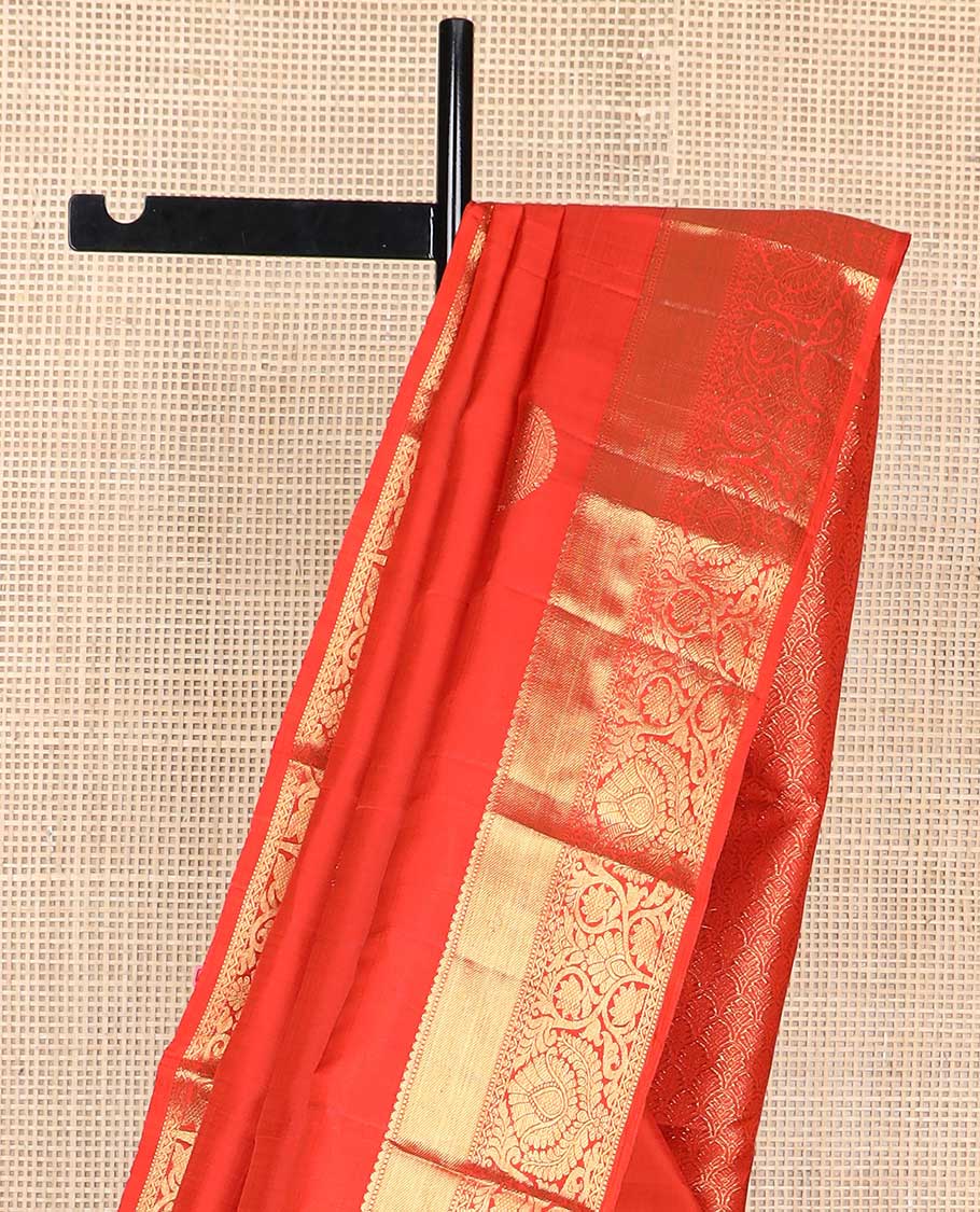 Red buttas kancheepuram silk saree with self border of rekku, banaras, kodi visiry design & jaal design pallu - Image 5