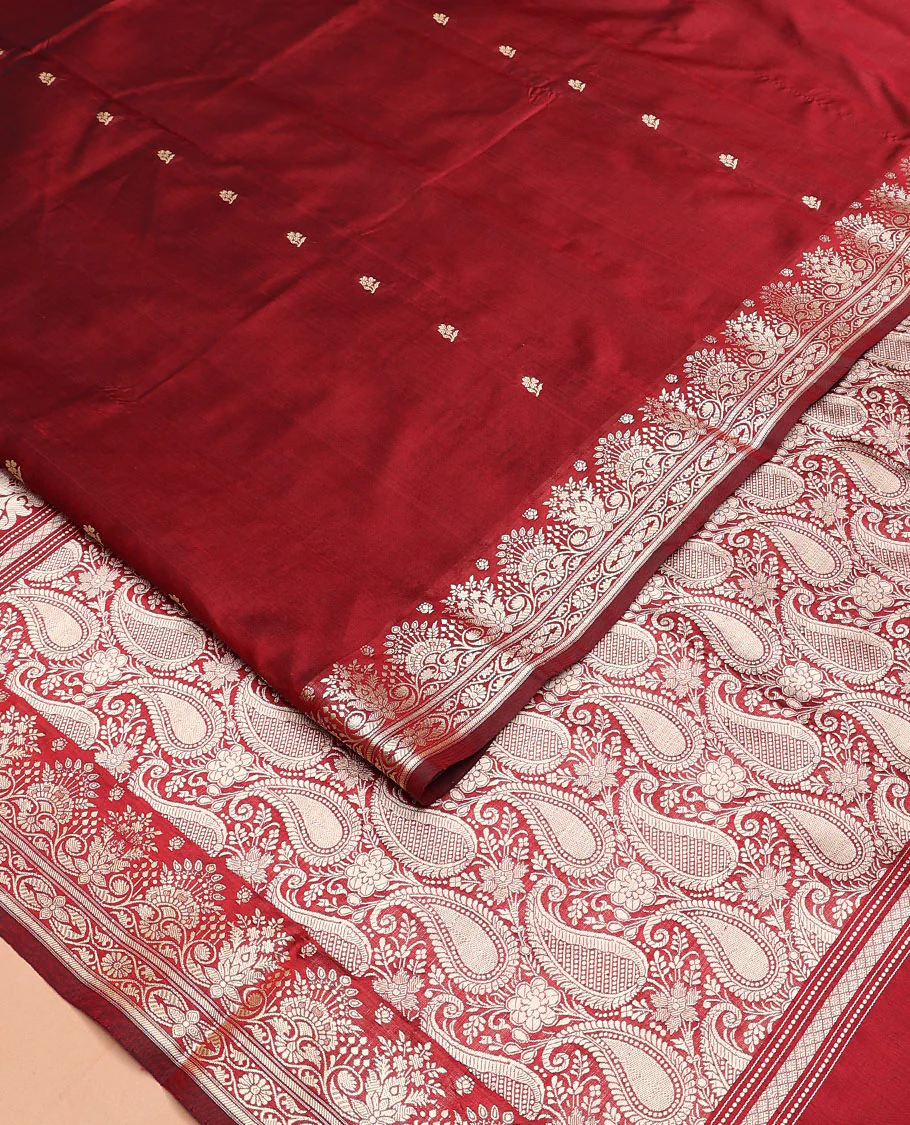 Red buttas kathan silk saree, floral zari border, and paisley vine design pallu - Image 2