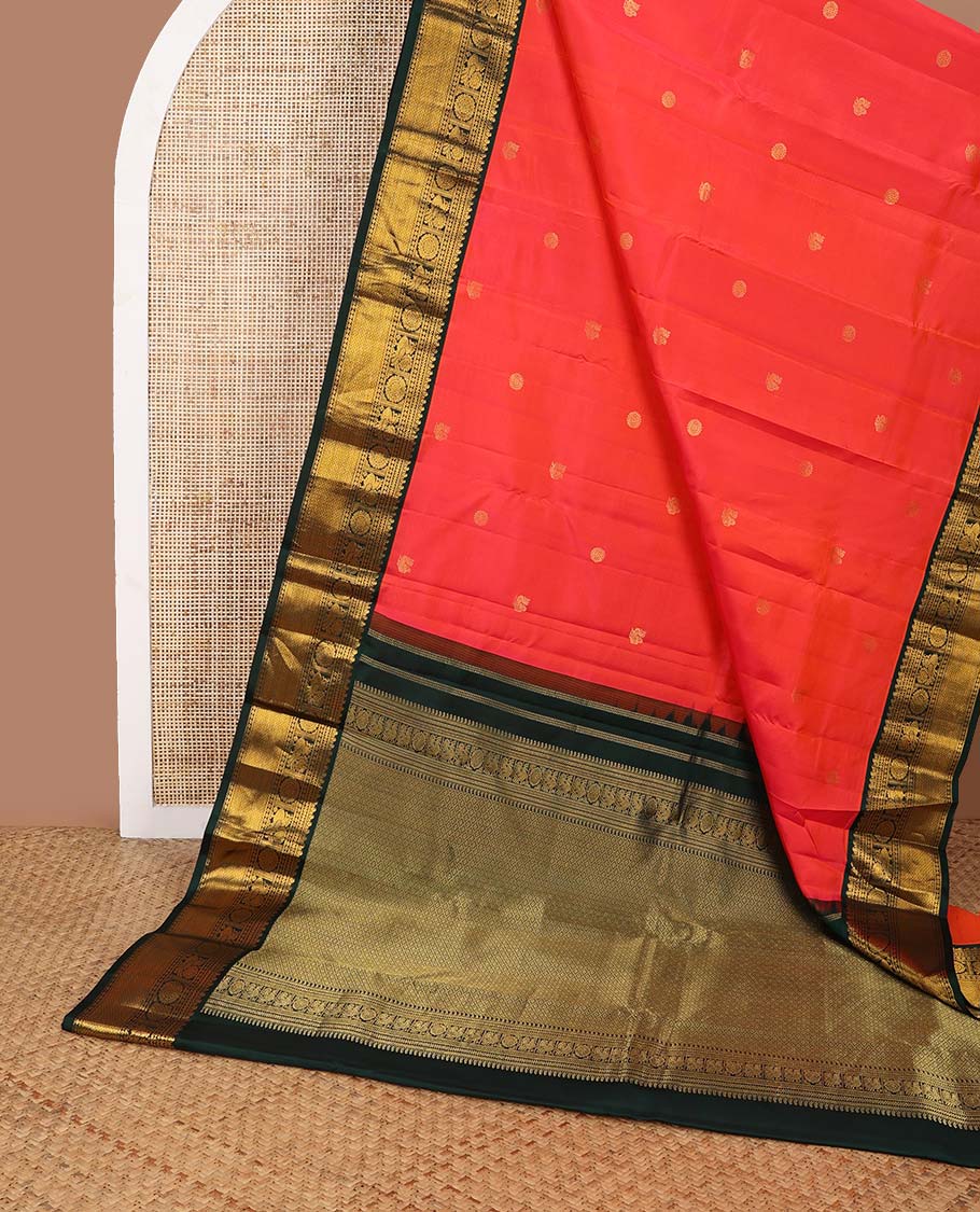 Red buttas Vasundhara silk saree with contrast border of manga, banaras, mayil , mayil kann, poo chakram design & zari design pallu - Image 2