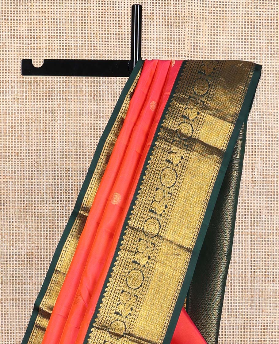 Red buttas Vasundhara silk saree with contrast border of manga, banaras, mayil , mayil kann, poo chakram design & zari design pallu - Image 3