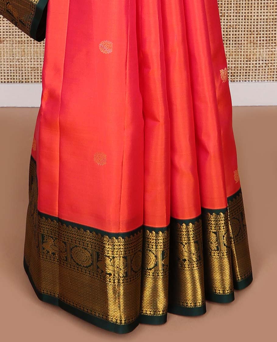 Red buttas Vasundhara silk saree with contrast border of manga, banaras, mayil , mayil kann, poo chakram design & zari design pallu - Image 4