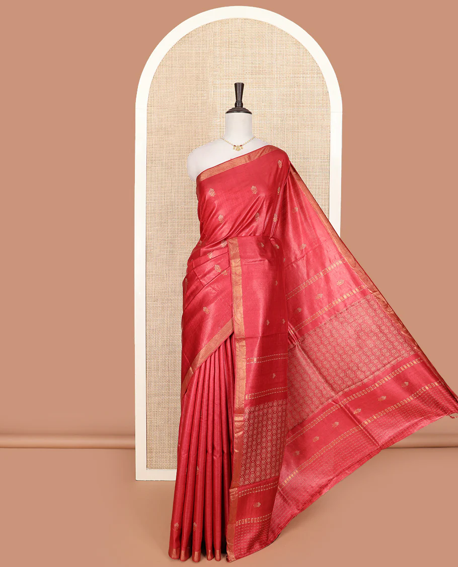 Red buttas tussar saree, zari border, and pallu of jaal designs