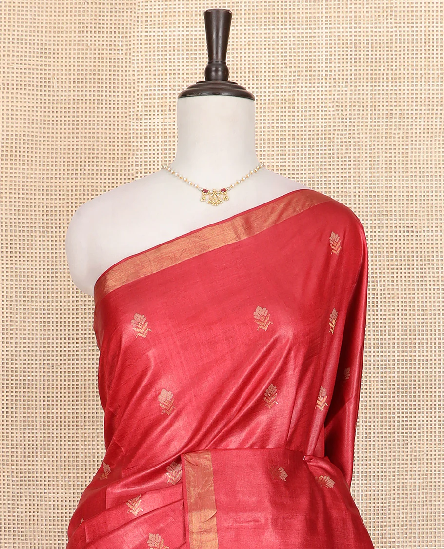 Red buttas tussar saree, zari border, and pallu of jaal designs - Image 3