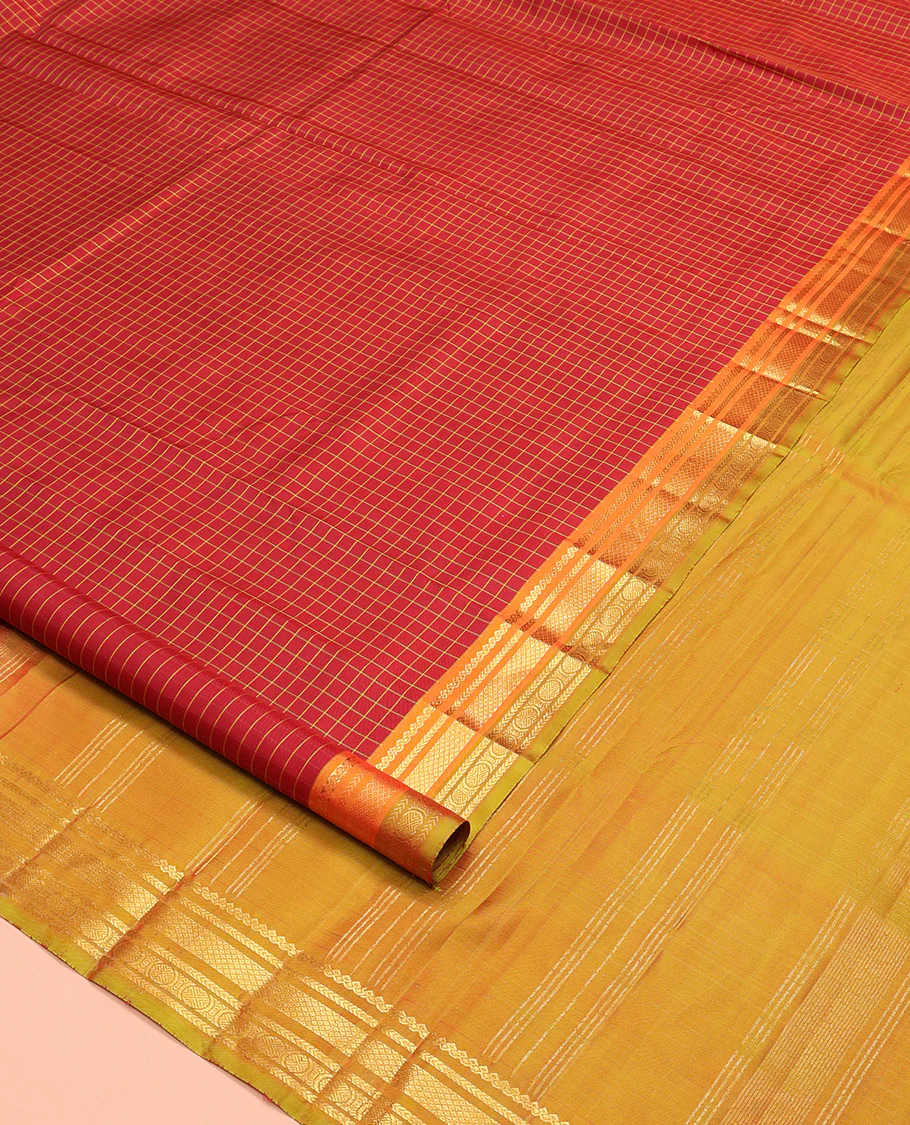 Red checked Kanchipuram silk saree, contrast border of salngai, kathir, mayil kann, and rudraksham designs, and zari striped pallu - Image 2