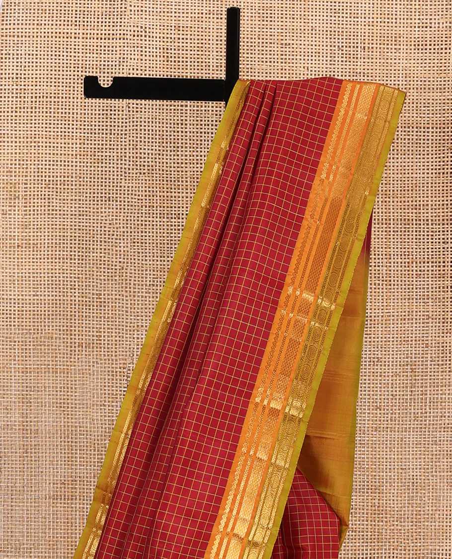 Red checked Kanchipuram silk saree, contrast border of salngai, kathir, mayil kann, and rudraksham designs, and zari striped pallu - Image 3