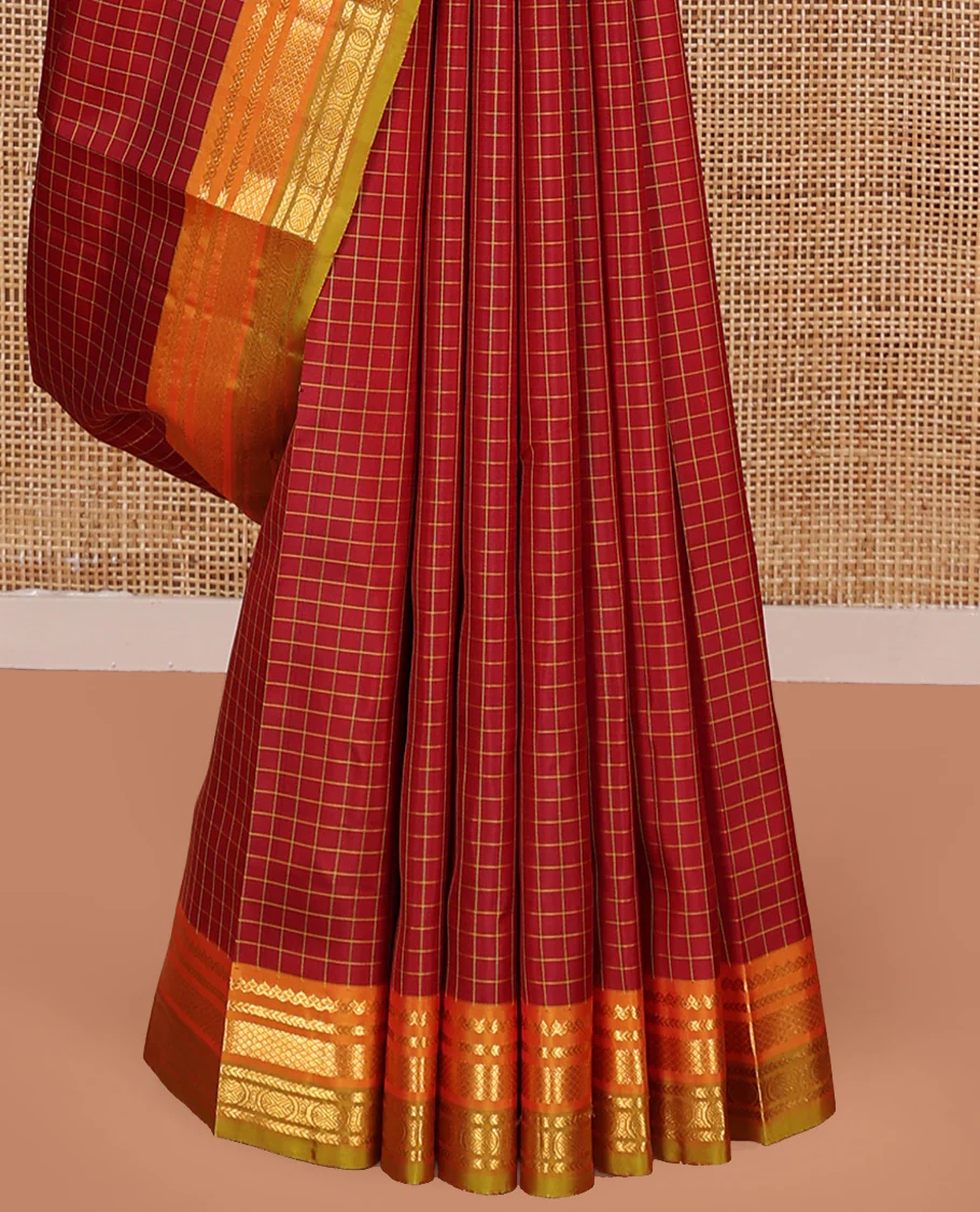 Red checked Kanchipuram silk saree, contrast border of salngai, kathir, mayil kann, and rudraksham designs, and zari striped pallu - Image 4