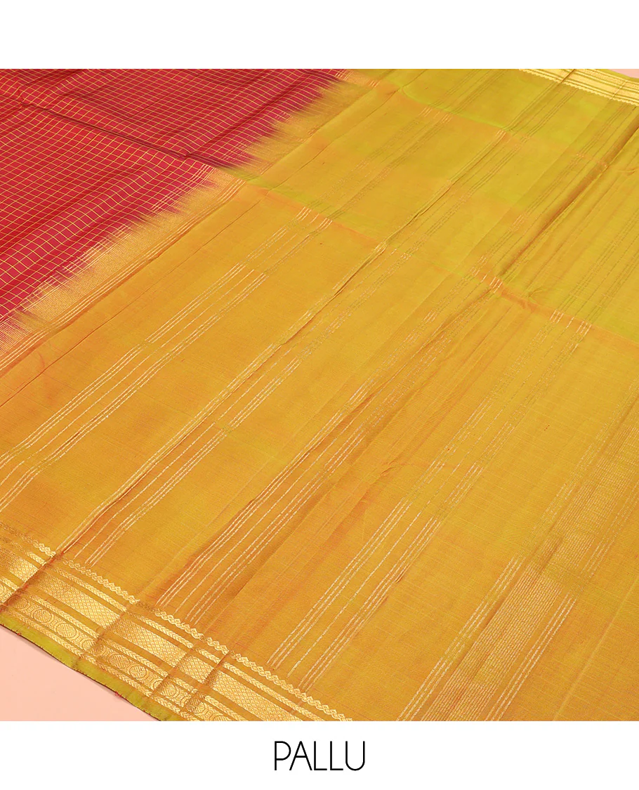 Red checked Kanchipuram silk saree, contrast border of salngai, kathir, mayil kann, and rudraksham designs, and zari striped pallu - Image 5