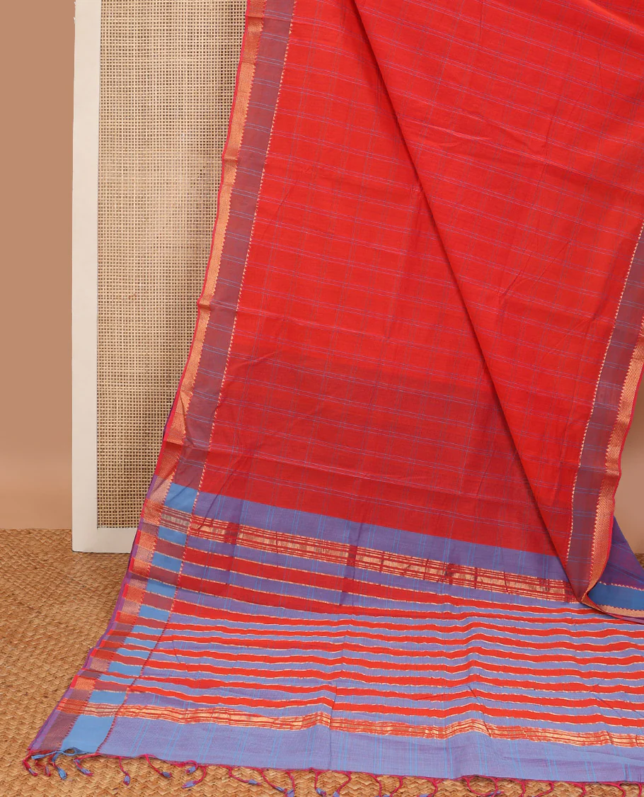 Red checked mangalagiri cotton saree with contrast temple border & checked pallu - Image 2