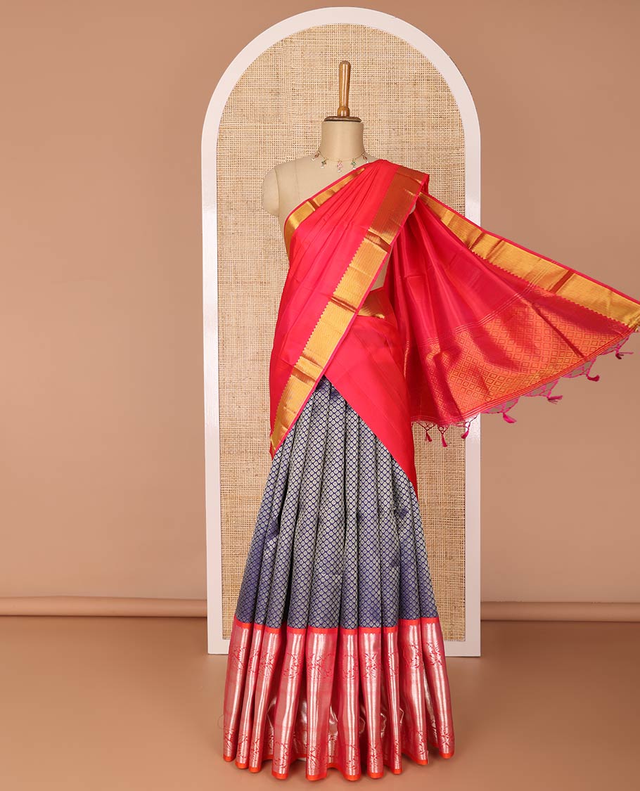 Dark blue leaf design pure silk half saree with contrast border of rekku, muthu, kathir, kodi visiry, banaras design, zari design blouse & floral design dhavani