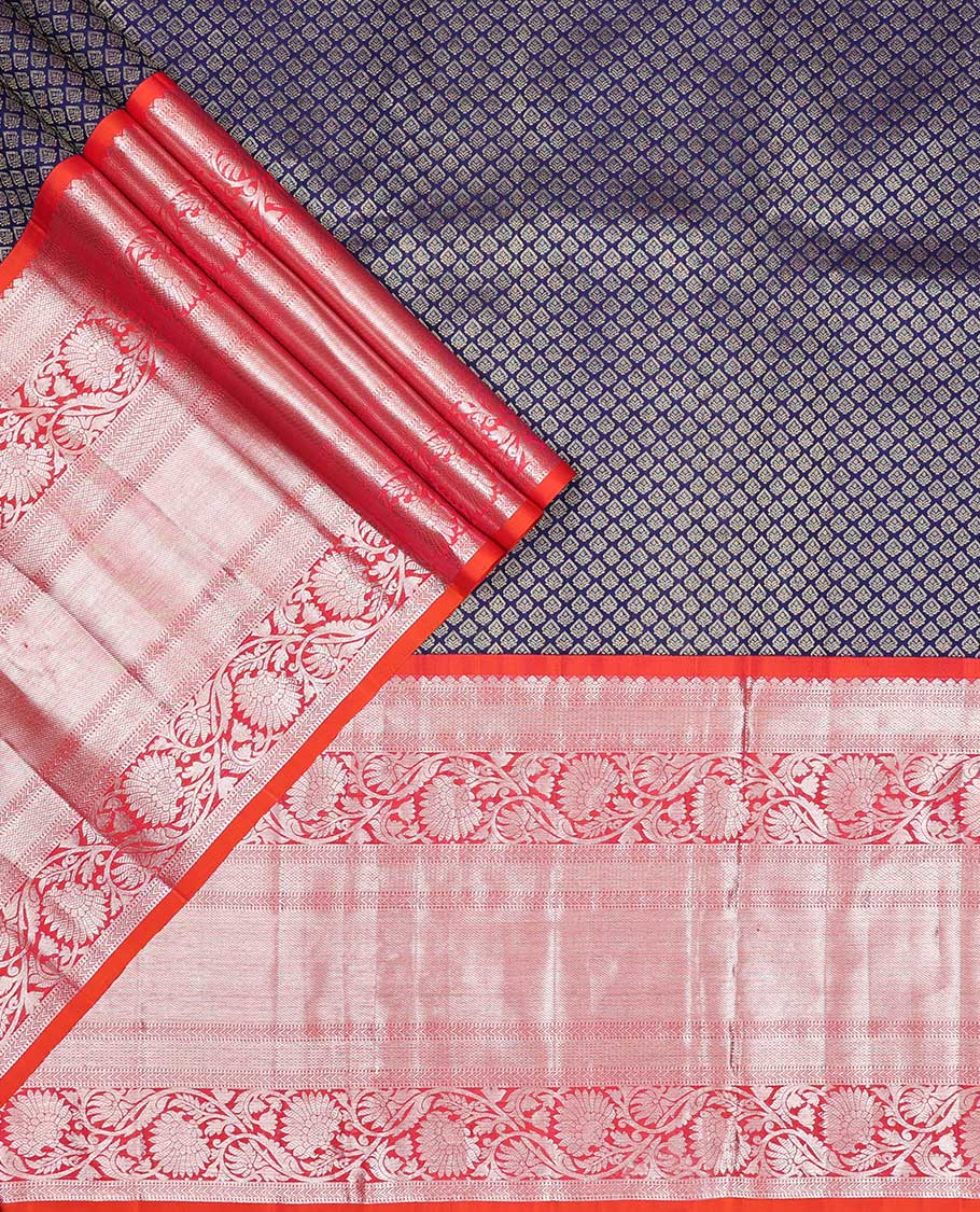Dark blue leaf design pure silk half saree with contrast border of rekku, muthu, kathir, kodi visiry, banaras design, zari design blouse & floral design dhavani - Image 2