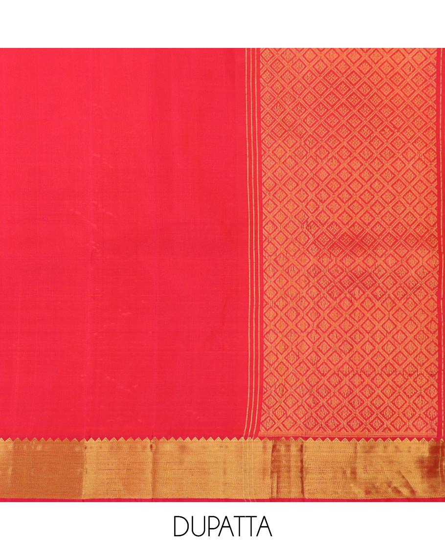Dark blue leaf design pure silk half saree with contrast border of rekku, muthu, kathir, kodi visiry, banaras design, zari design blouse & floral design dhavani - Image 6
