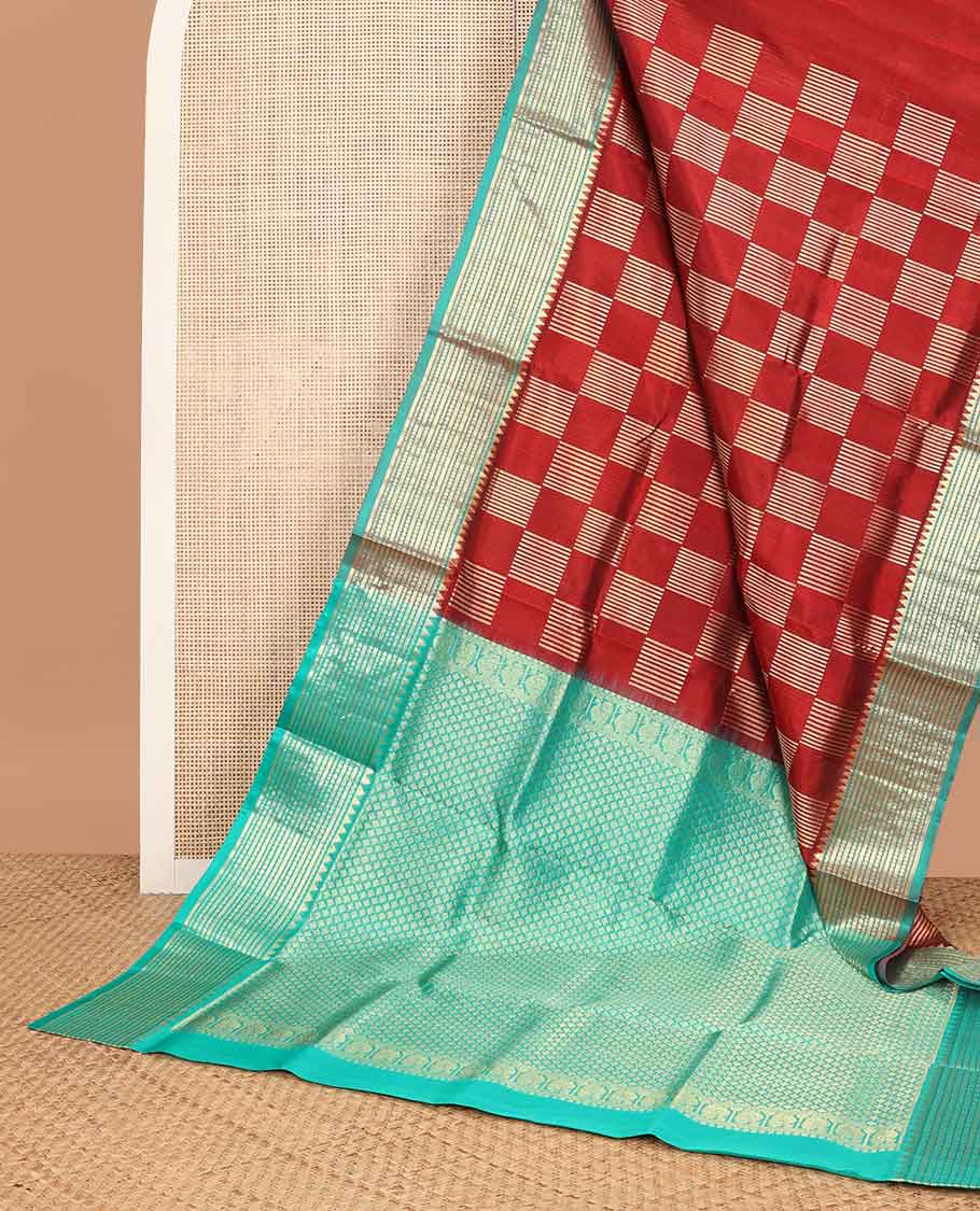 Red checkered venkatagiri silk saree with contrast intricate zari design border & argyle design pallu - Image 3