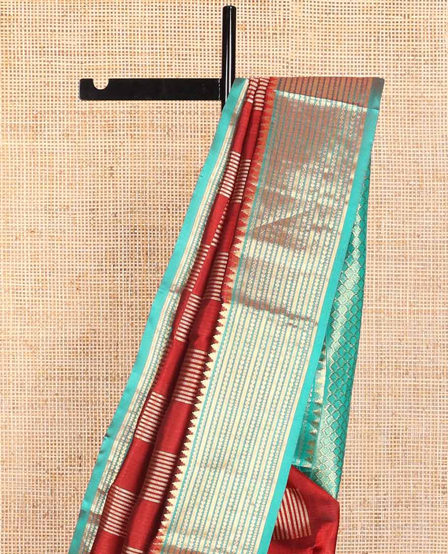 Red checkered venkatagiri silk saree with contrast intricate zari design border & argyle design pallu - Image 4