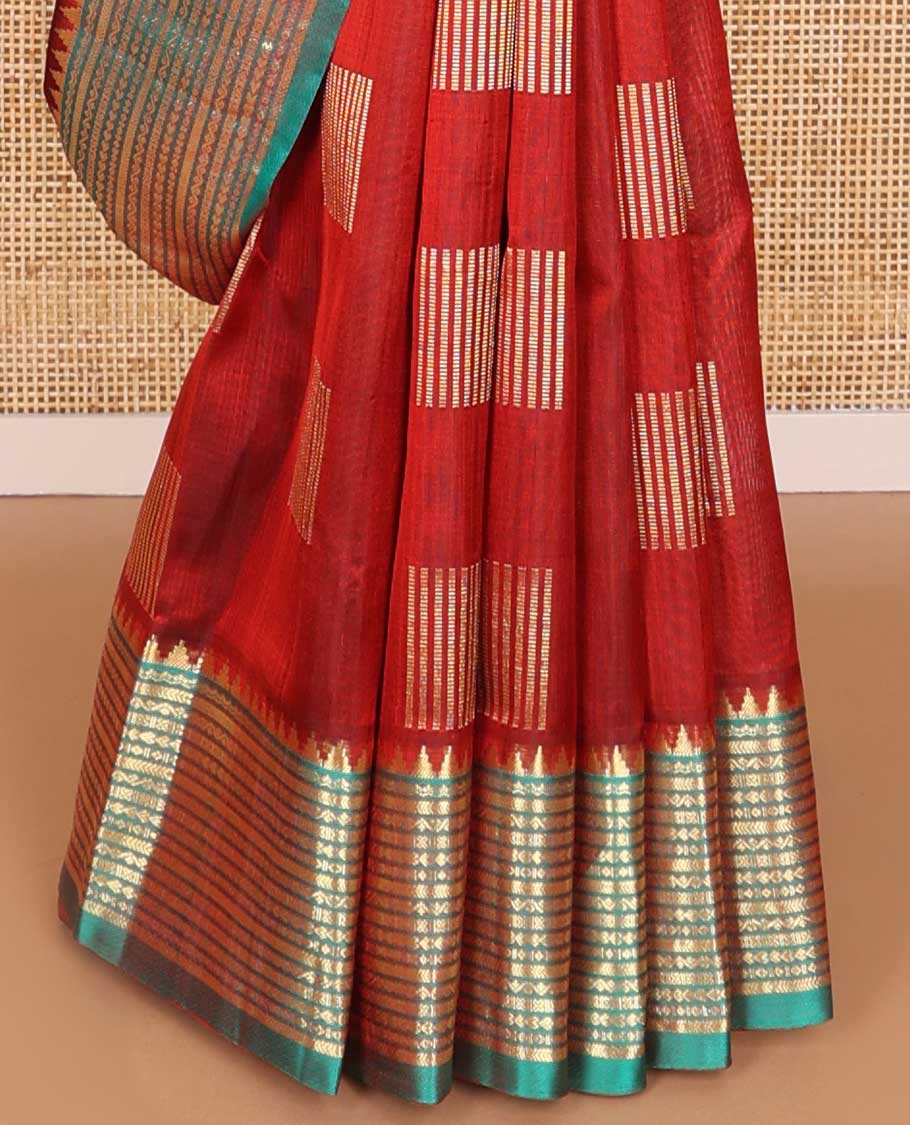 Red checkered venkatagiri silk saree with contrast intricate zari design border & argyle design pallu - Image 5