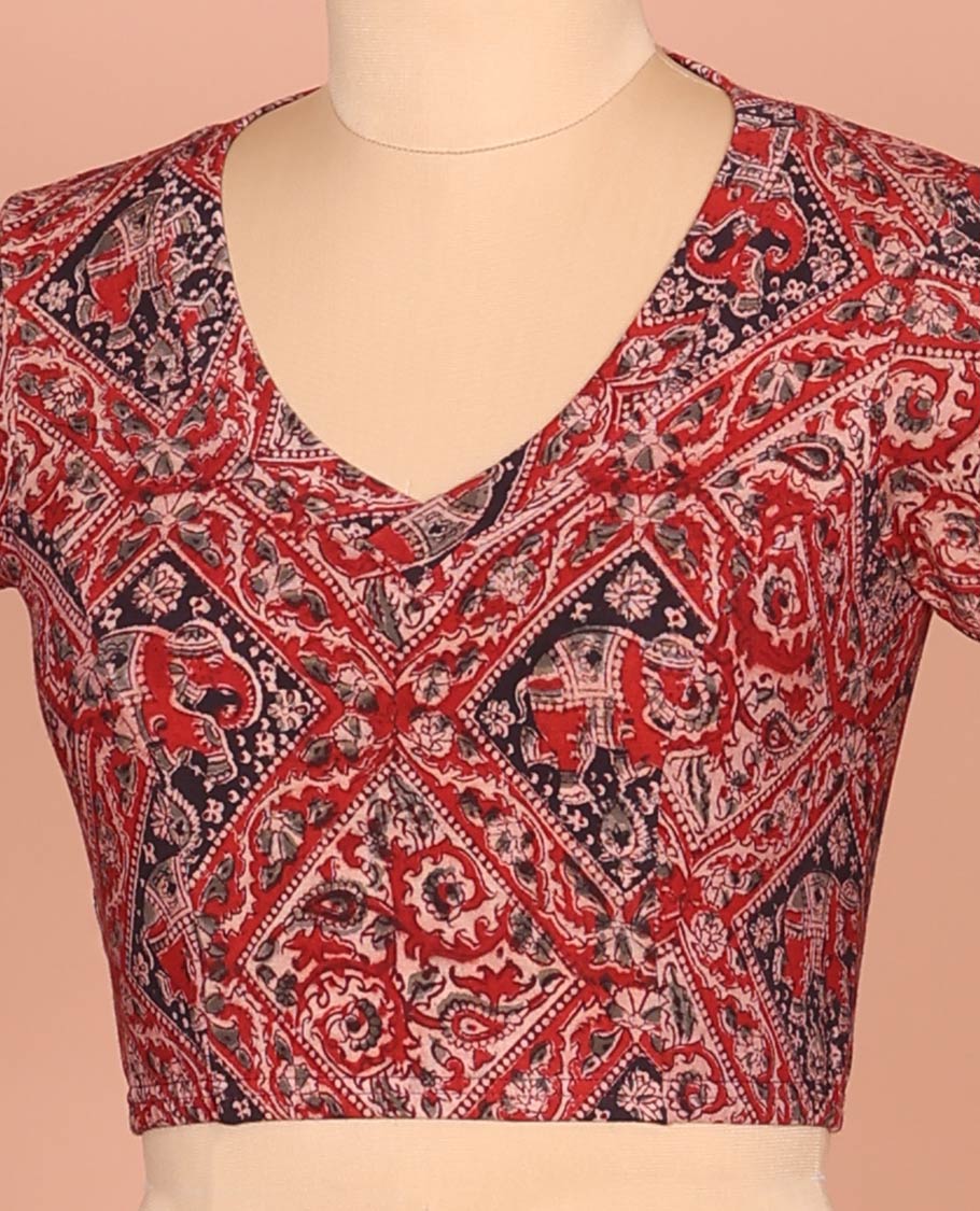 Red Cotton Readymade Blouse Adorned with All-Over Floral and Elephant Motifs Print, Featuring a Front Leaf-Neck, a Closed Back Neck, and Elbow Sleeves - Image 2