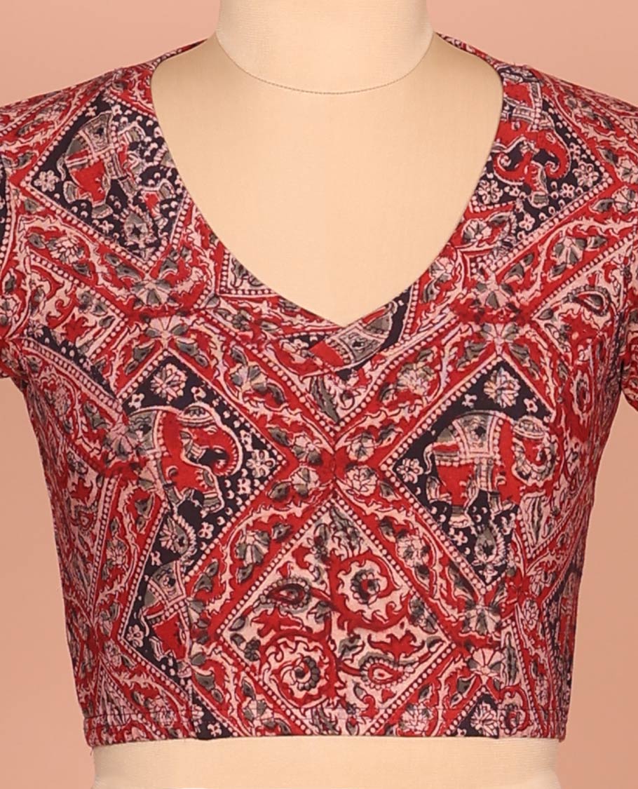 Red Cotton Readymade Blouse Adorned with All-Over Floral and Elephant Motifs Print, Featuring a Front Leaf-Neck, a Closed Back Neck, and Elbow Sleeves - Image 3