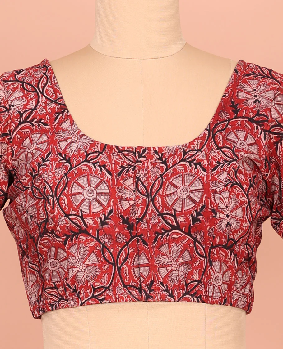 Red Cotton Readymade Blouse Adorned with Floral Vine Print, Featuring a Front Round-Neck, a Back Round-Neck, and Elbow Sleeves - Image 2