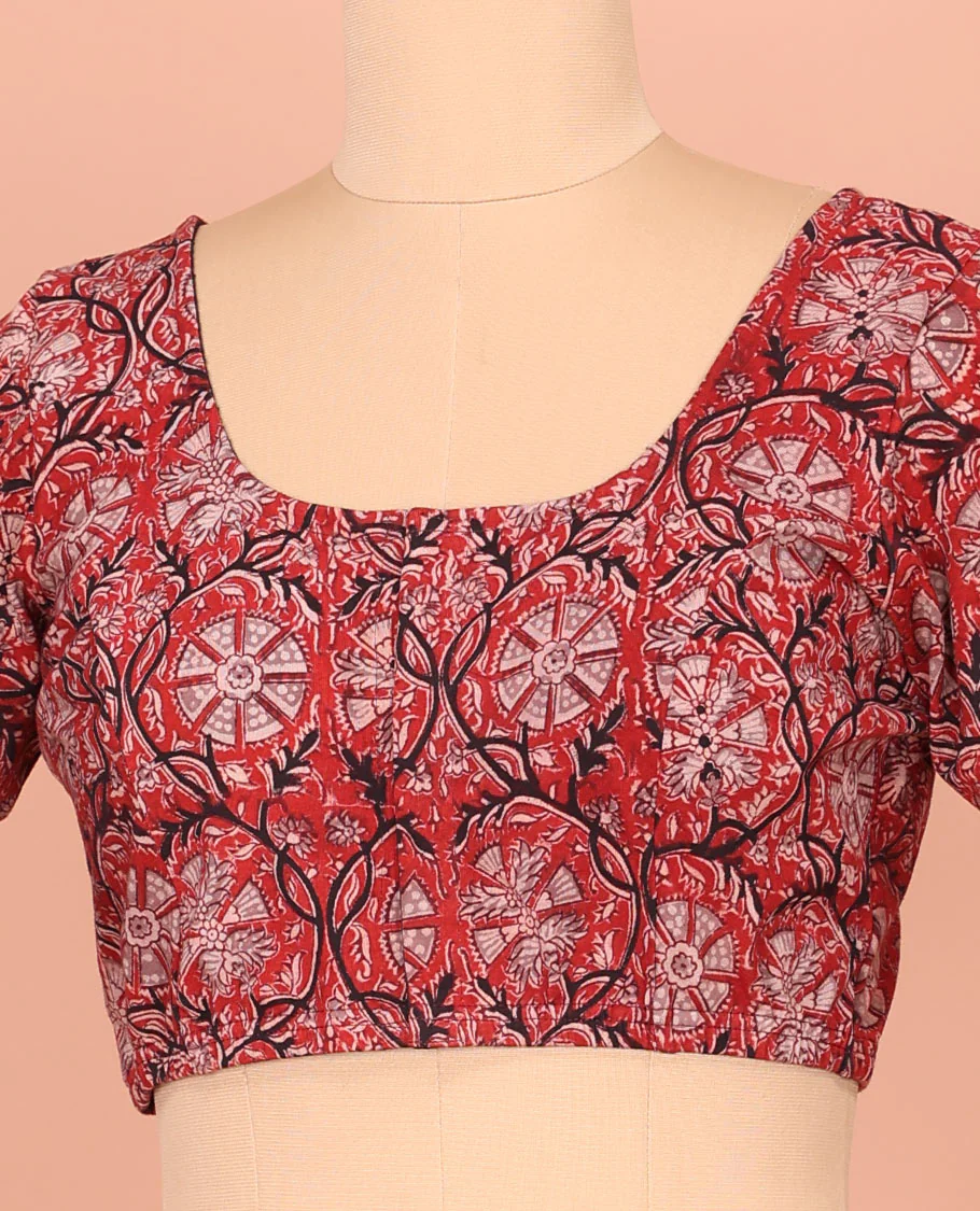 Red Cotton Readymade Blouse Adorned with Floral Vine Print, Featuring a Front Round-Neck, a Back Round-Neck, and Elbow Sleeves - Image 3