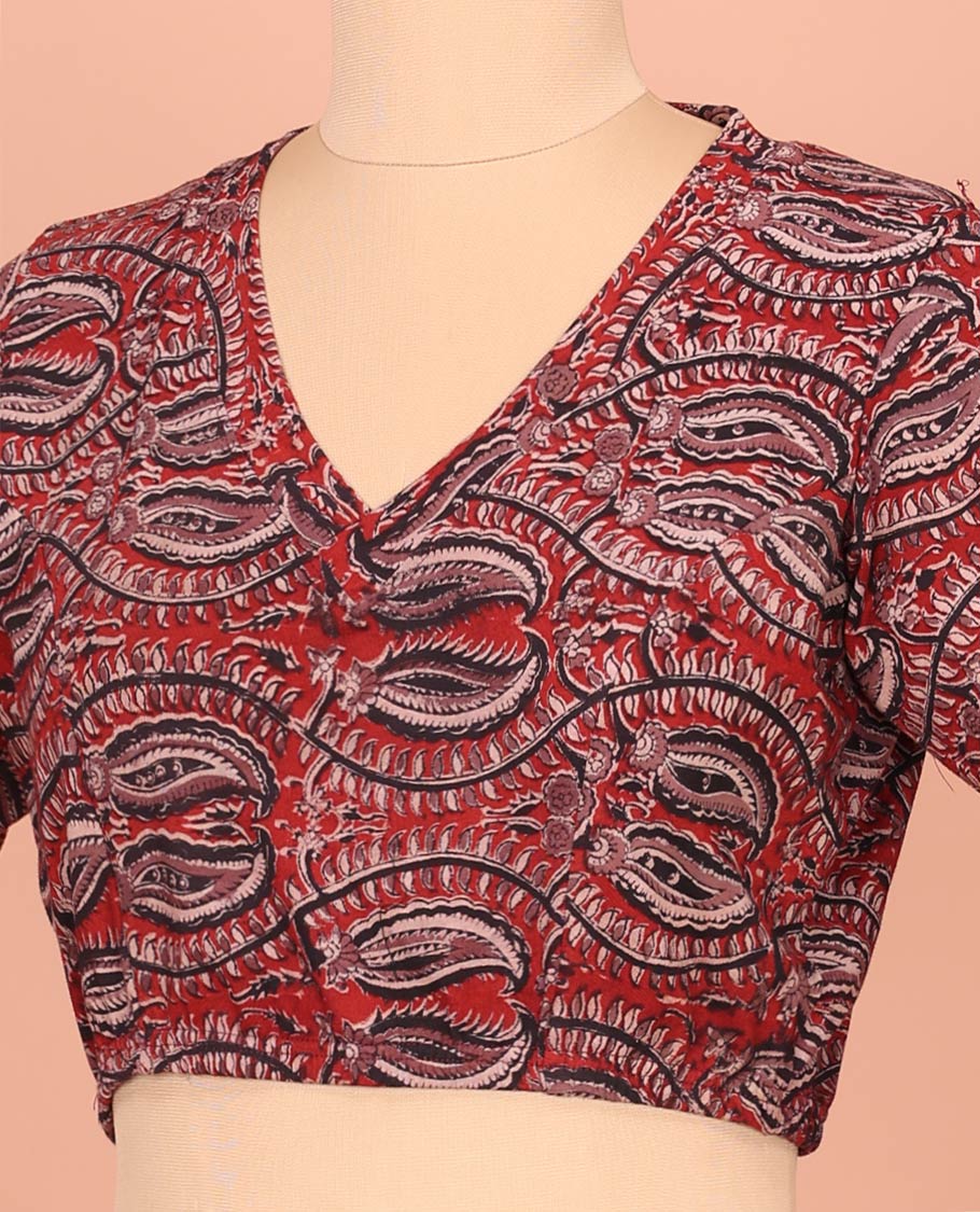 Red Cotton Readymade Blouse Enlivened with All-Over Floral Vine Print, Featuring a Front V-Neck, a Closed Back Neck, and Elbow Sleeves - Image 2