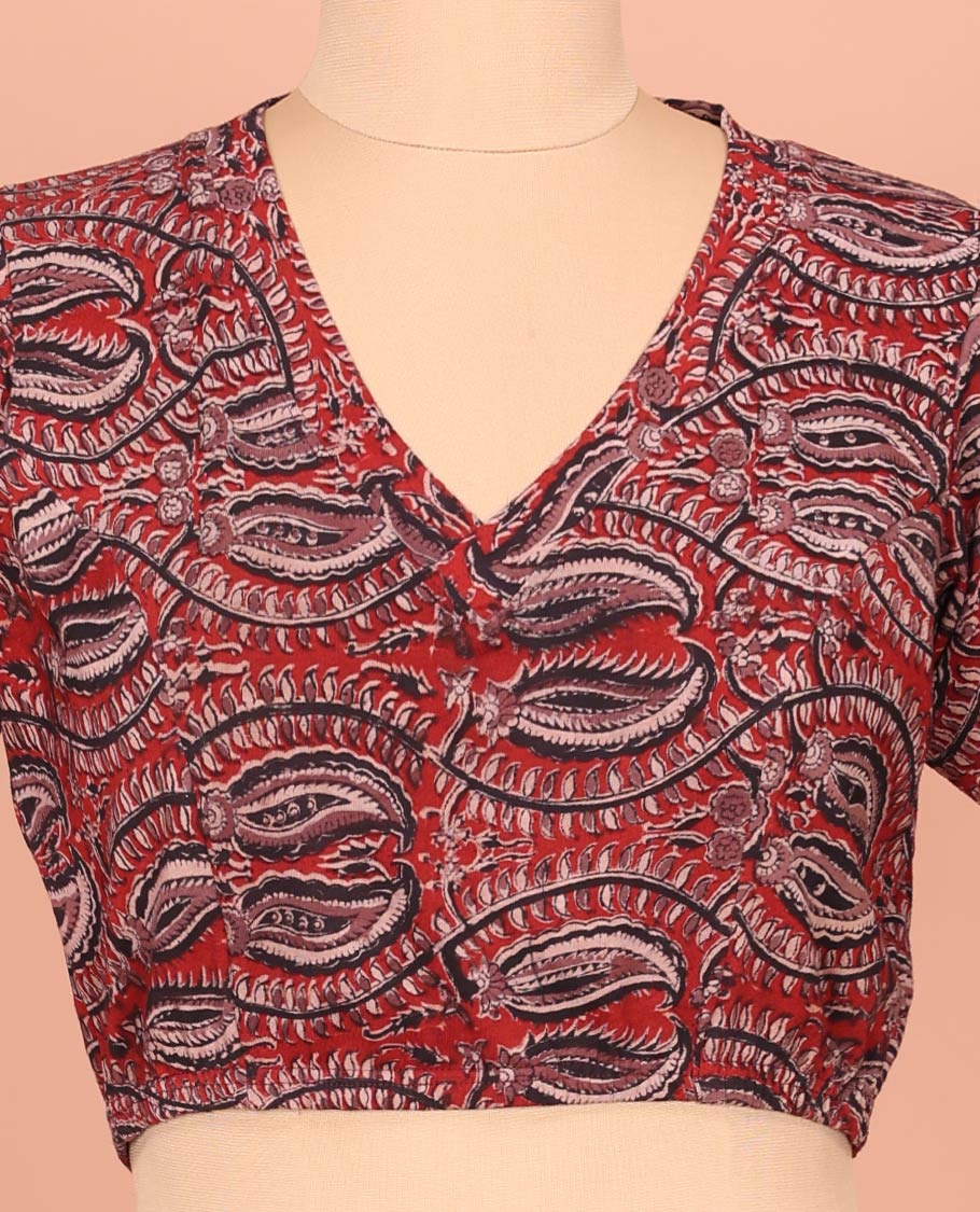 Red Cotton Readymade Blouse Enlivened with All-Over Floral Vine Print, Featuring a Front V-Neck, a Closed Back Neck, and Elbow Sleeves - Image 3