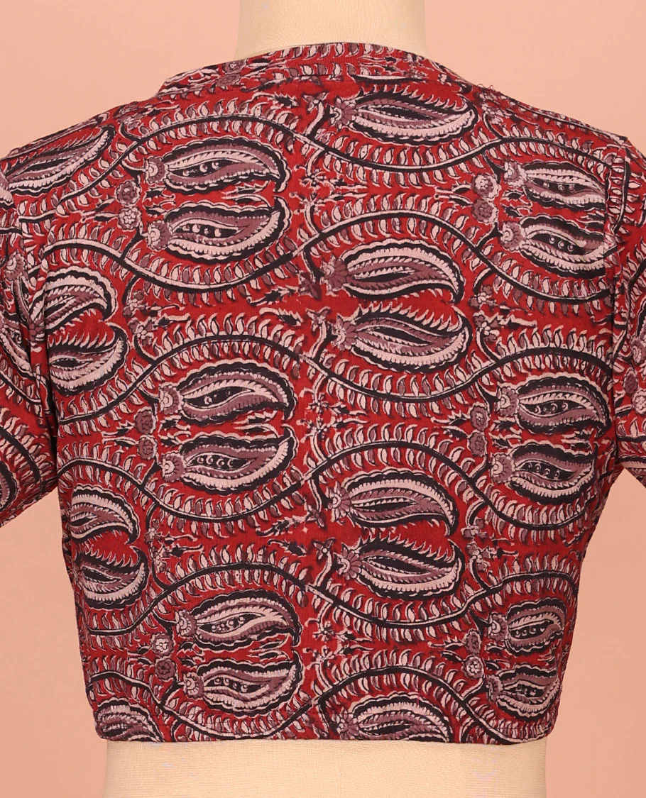 Red Cotton Readymade Blouse Enlivened with All-Over Floral Vine Print, Featuring a Front V-Neck, a Closed Back Neck, and Elbow Sleeves - Image 4
