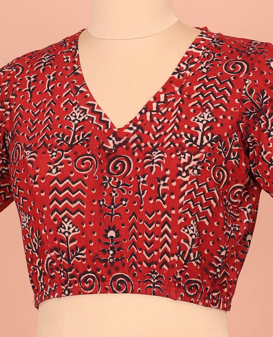 Red Cotton Readymade Blouse Enriched with All-Over Geometric Print, Featuring a Front V-Neck, a Closed Back Neck, and Elbow Sleeves - Image 2