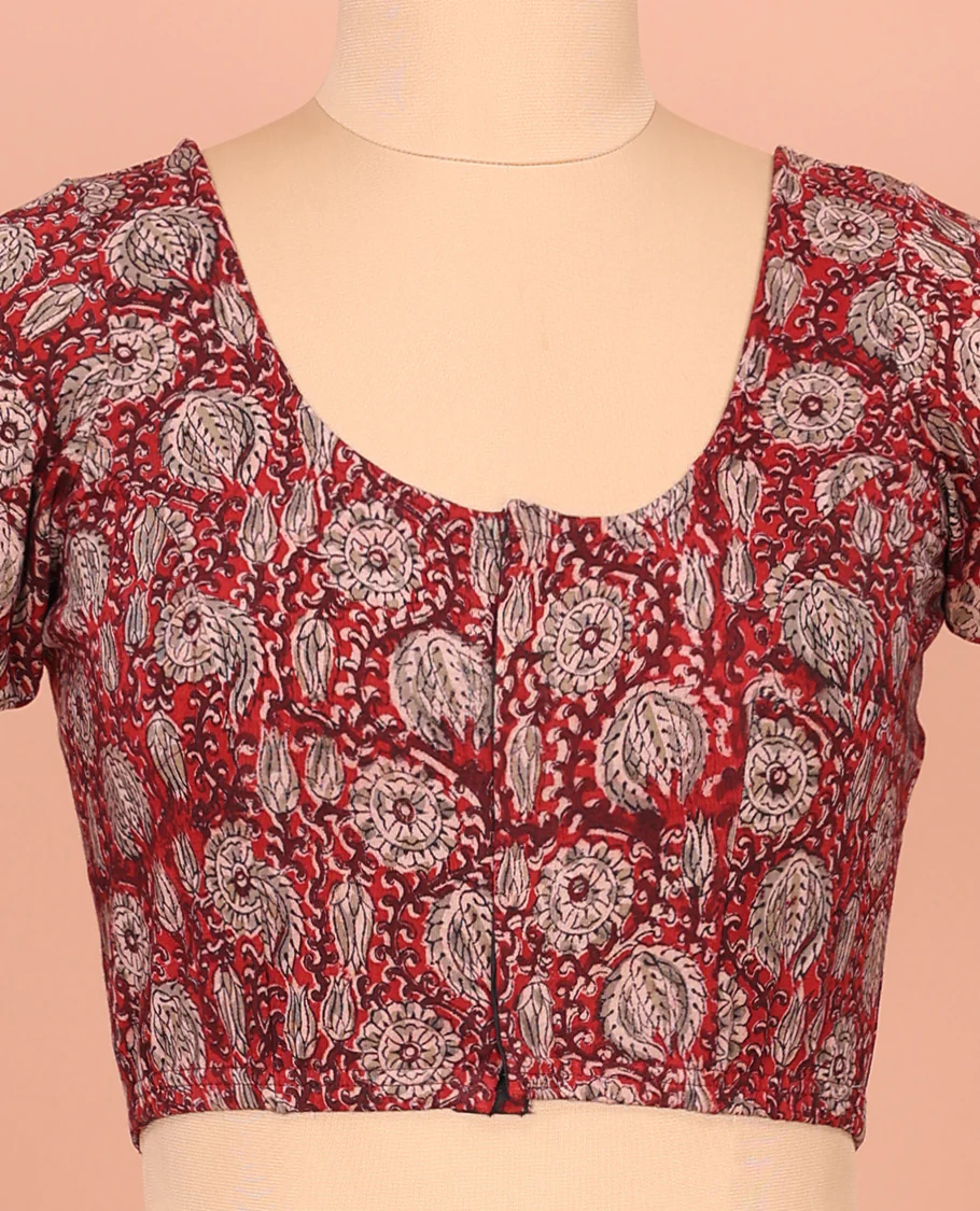 Red Cotton Readymade Blouse Meticulously Crafted with All-Over Floral Vine Print, Front Round-Neck, Back Round Neck, and Elbow Sleeves - Image 2