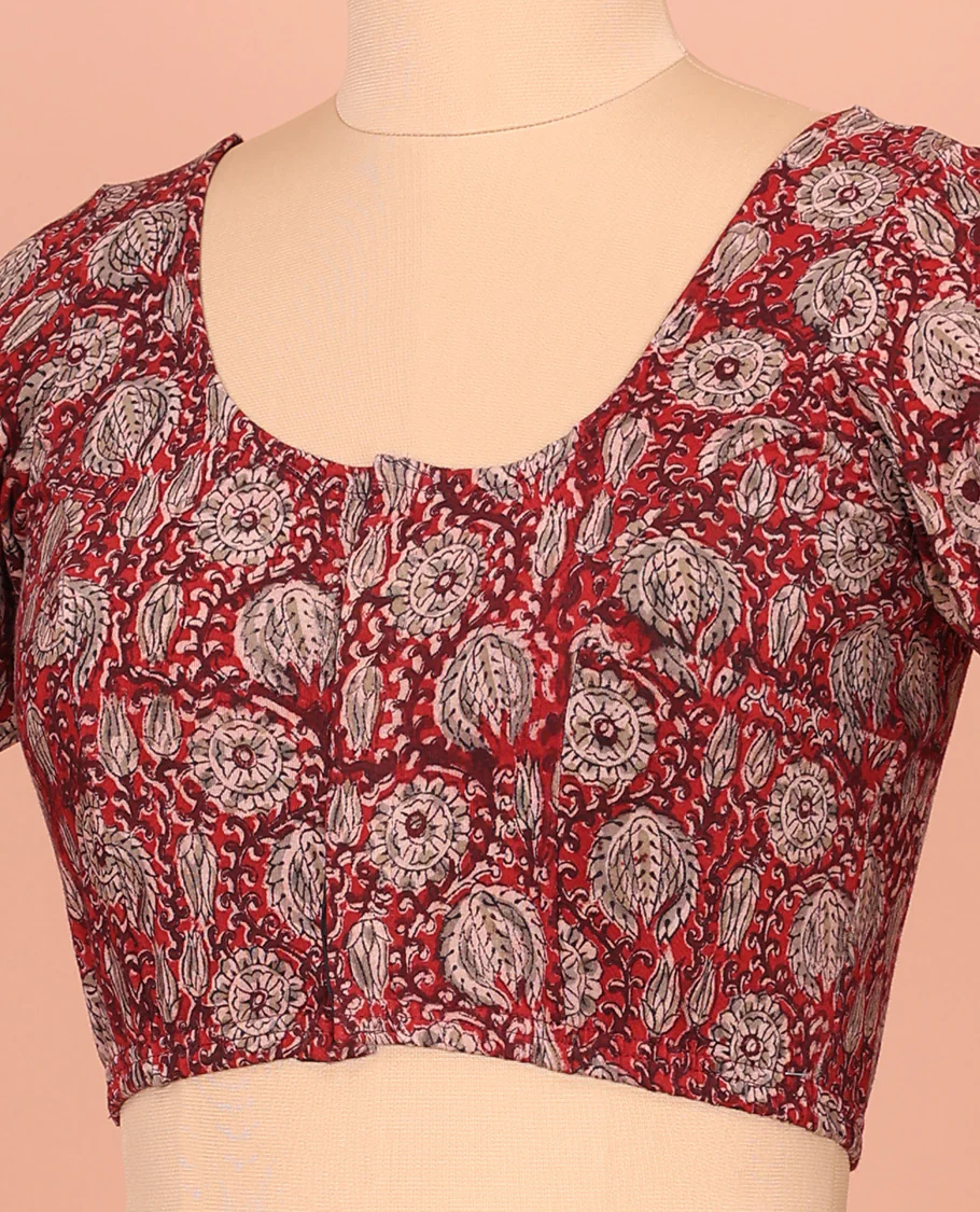Red Cotton Readymade Blouse Meticulously Crafted with All-Over Floral Vine Print, Front Round-Neck, Back Round Neck, and Elbow Sleeves - Image 3