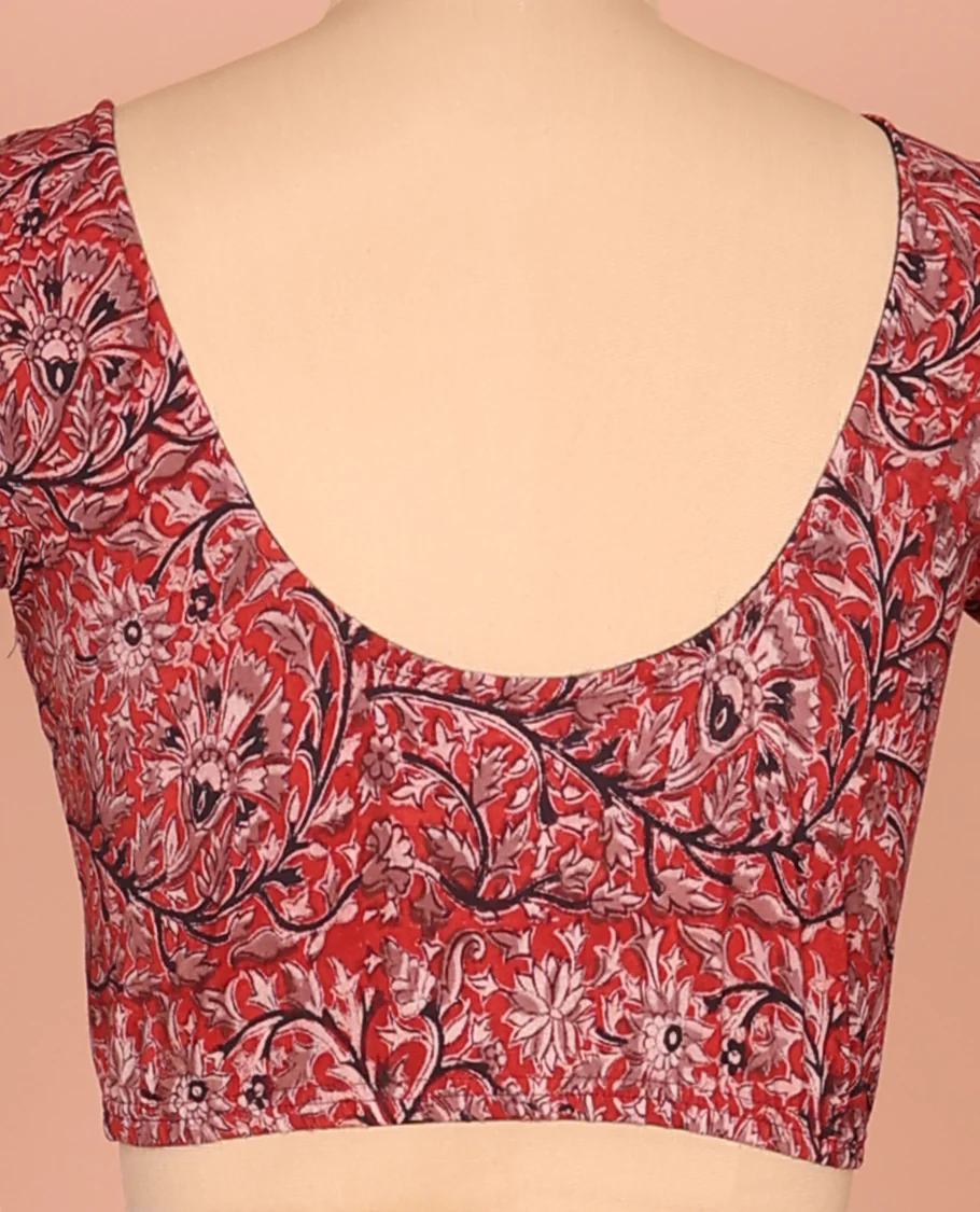Red Cotton Readymade Blouse Printed with All-Over Floral Vine, Featuring a Front Round-Neck, a Back Round-Neck, and Elbow Sleeves - Image 3