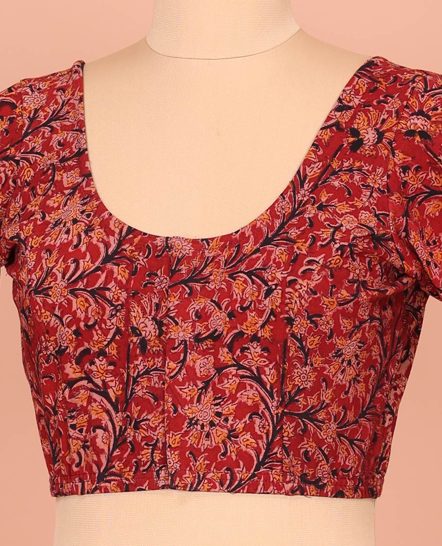 Red Cotton Readymade Blouse Spotlighted with All-Over Floral Vine Print, Featuring a Front Round Neck, Back Round Neck, and Elbow Sleeves - Image 2