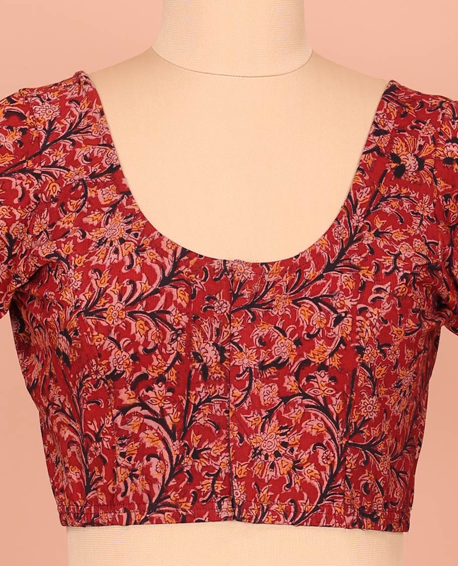 Red Cotton Readymade Blouse Spotlighted with All-Over Floral Vine Print, Featuring a Front Round Neck, Back Round Neck, and Elbow Sleeves - Image 3