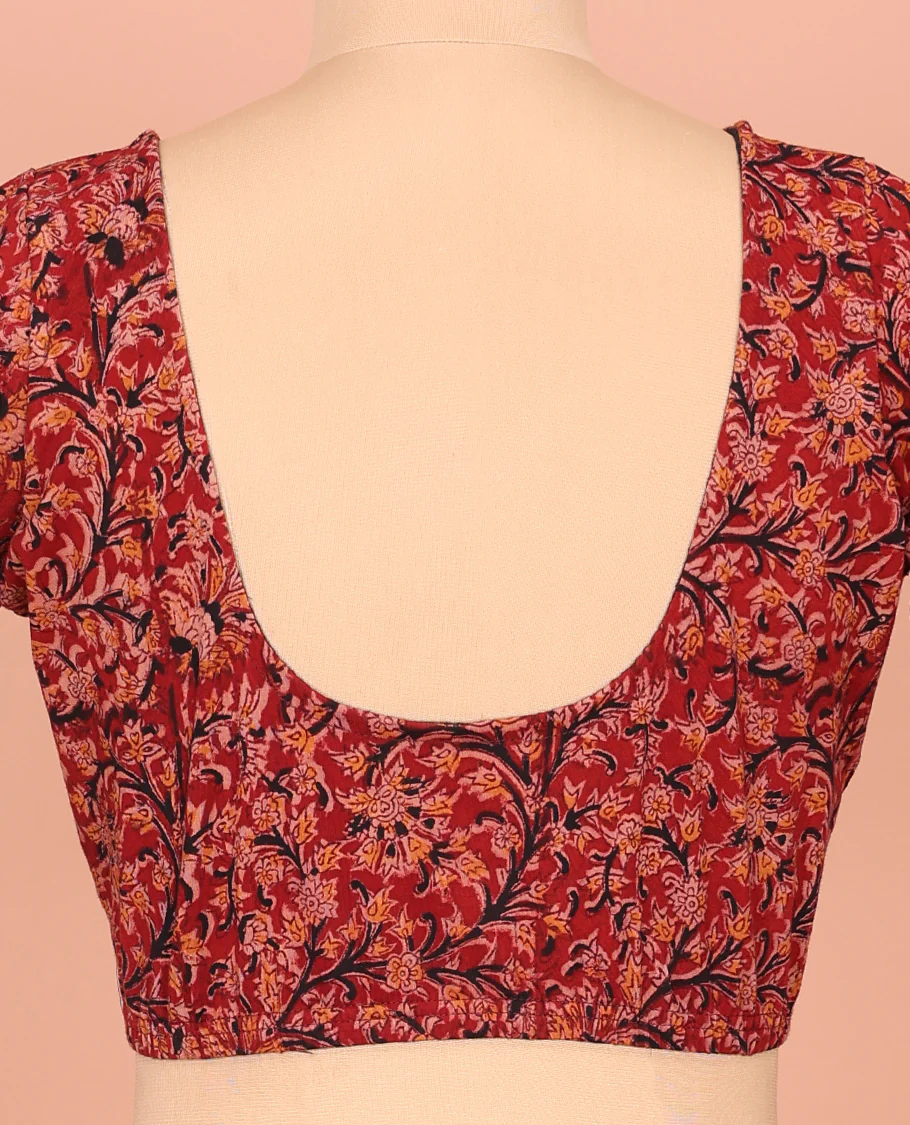 Red Cotton Readymade Blouse Spotlighted with All-Over Floral Vine Print, Featuring a Front Round Neck, Back Round Neck, and Elbow Sleeves - Image 4
